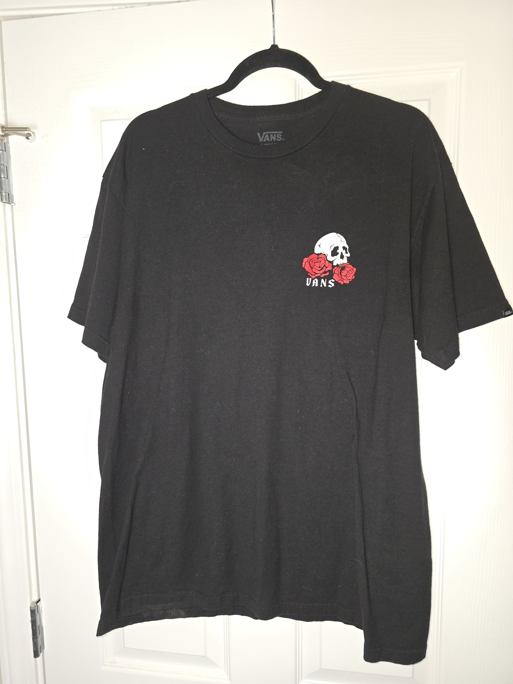 Vans Black Tee with White Skull and Red Roses Graphic